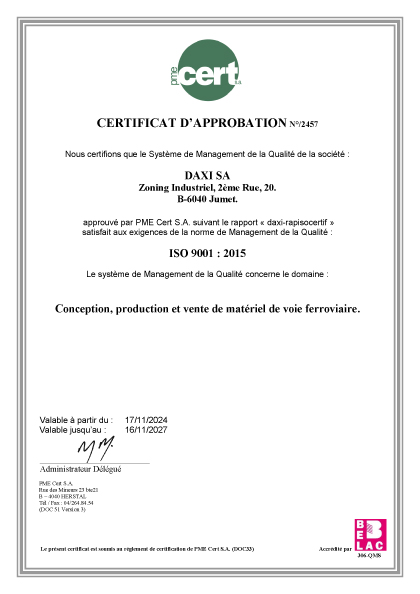 Certificat ISO9001 de DAXI